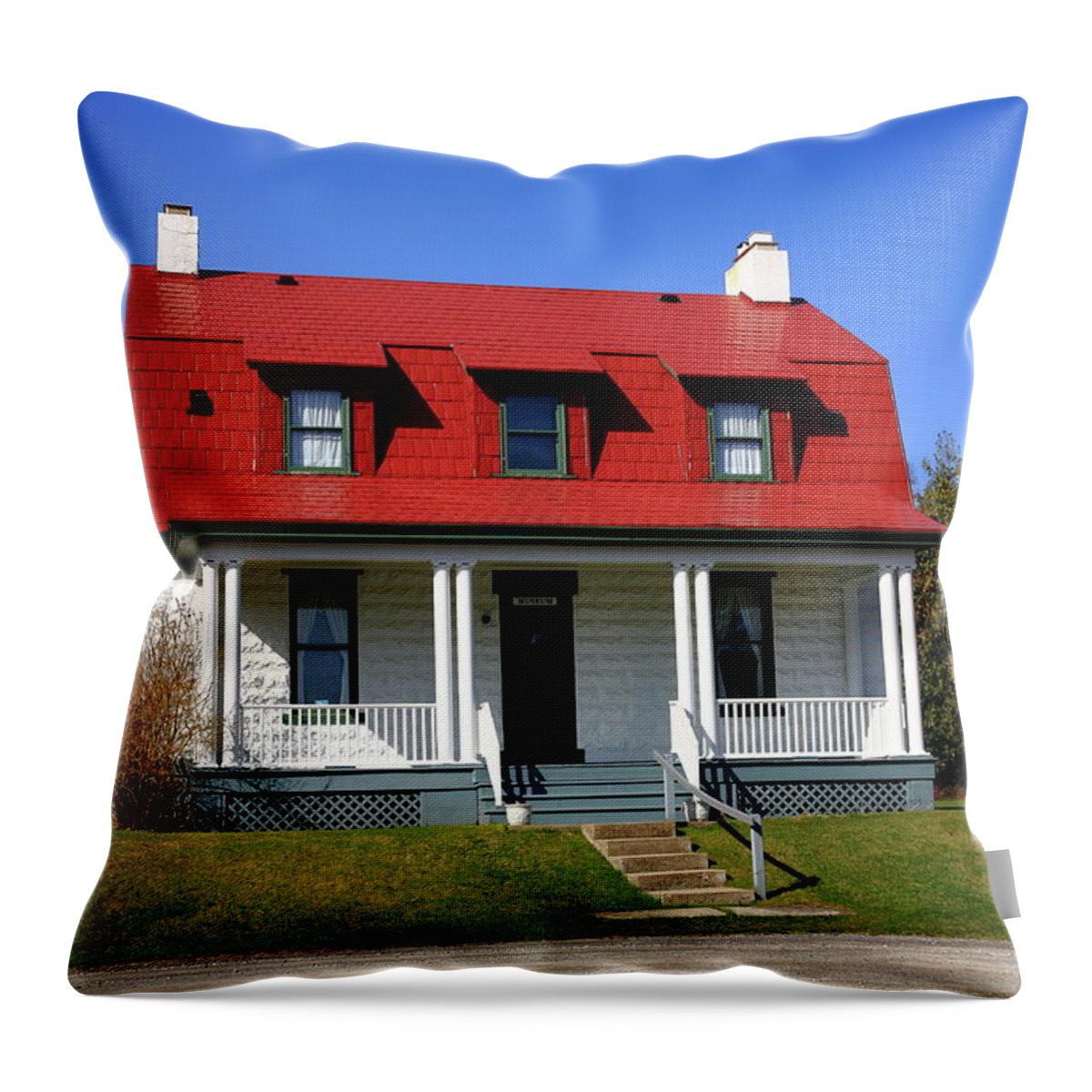 America Throw Pillow featuring the photograph Keeper's House - Presque Isle Light Michigan by Frank Romeo