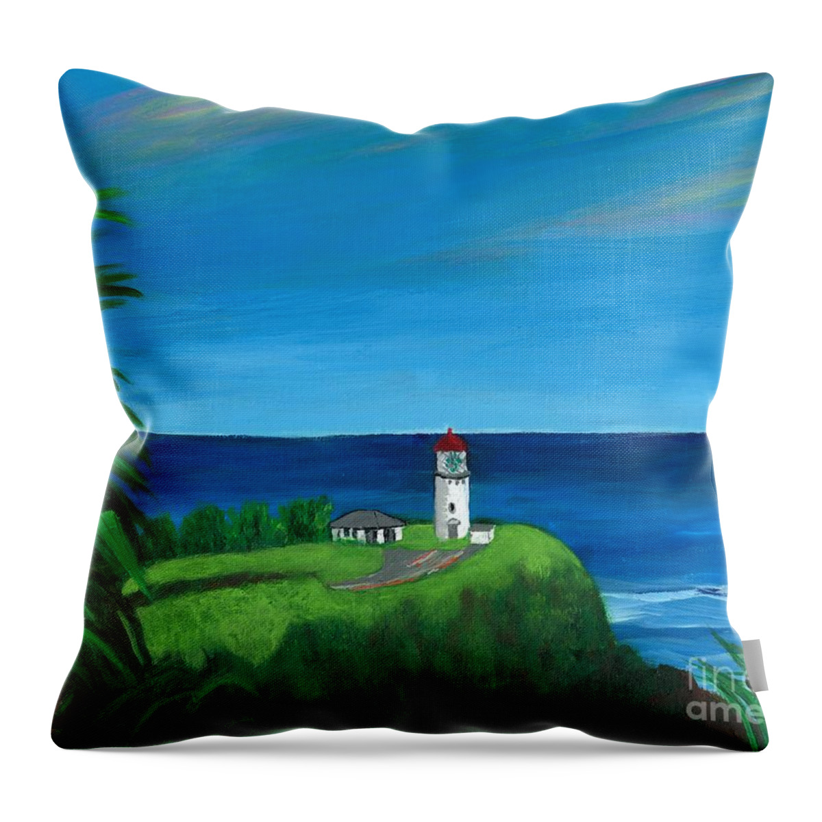 Kilauea Point Lighthouse Throw Pillow featuring the painting Kilauea Point Lighthouse, Kauai, Hawaii by Elizabeth Mauldin