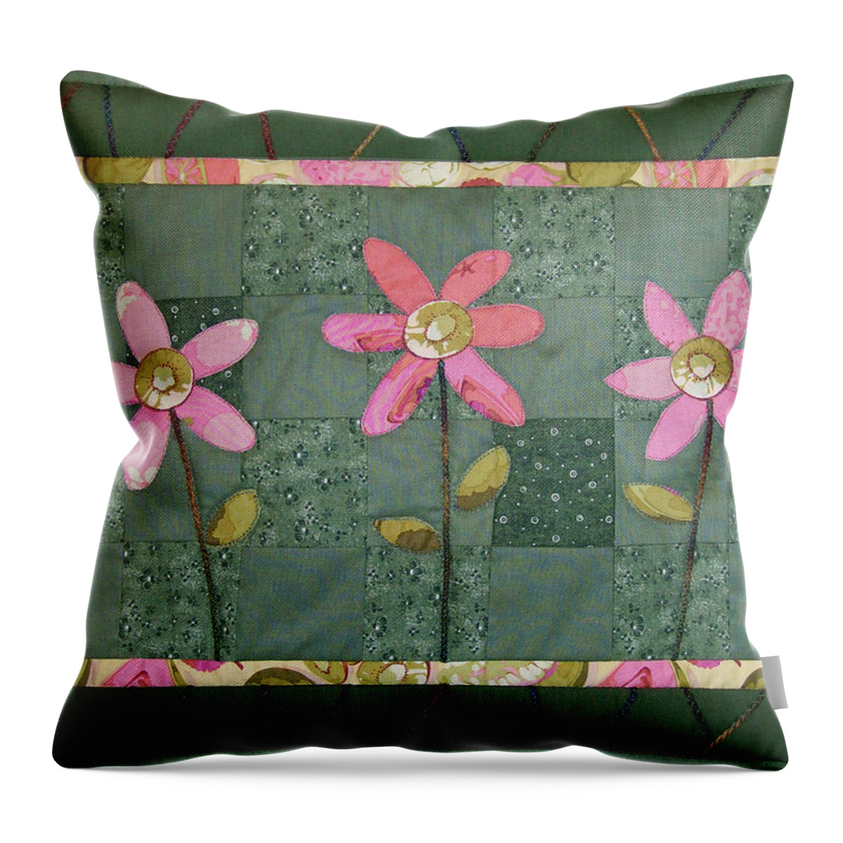 Art Quilt Throw Pillow featuring the tapestry - textile Kiwi Flowers by Pam Geisel
