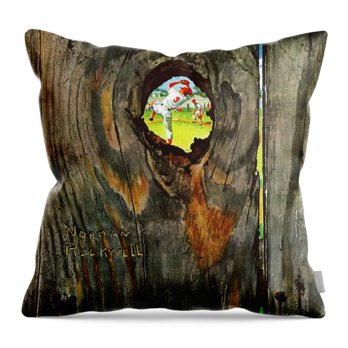 Baseball Throw Pillow featuring the painting Knothole Baseball by Norman Rockwell
