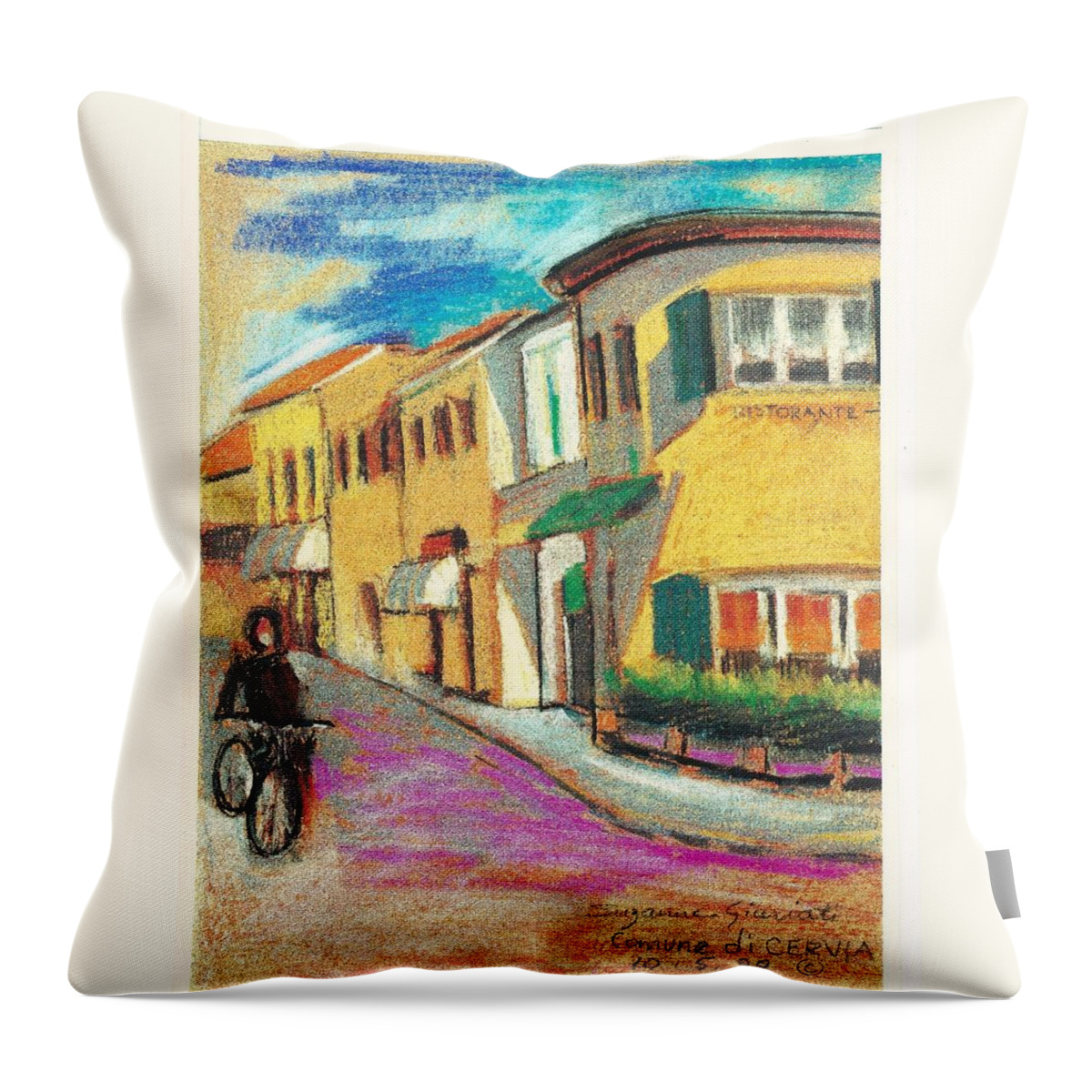 La Bichicletta Throw Pillow featuring the painting La Bichicletta by Suzanne Giuriati Cerny
