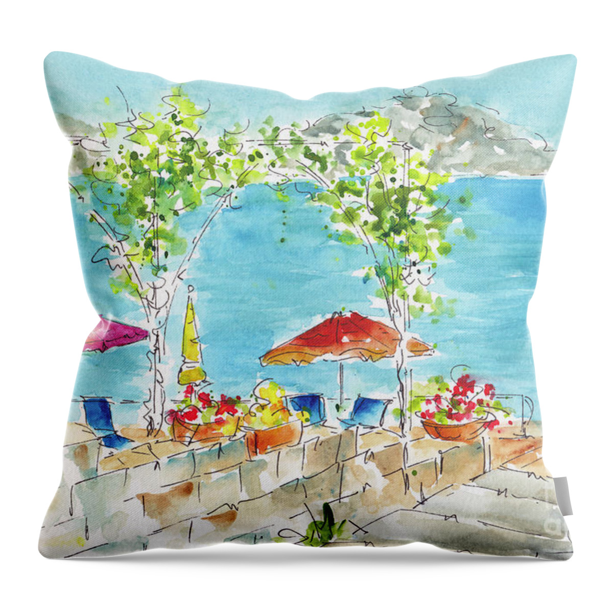 Impressionism Throw Pillow featuring the painting La Tonnarella Private Beach Sorrento Italy by Pat Katz