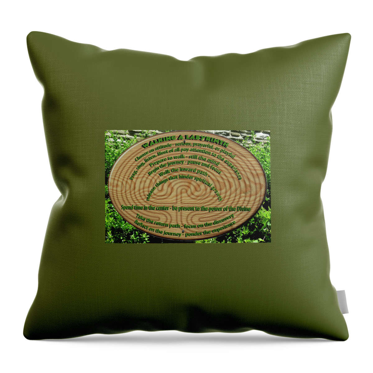 Labyrinth Throw Pillow featuring the photograph Labyrinth Sign in the Gardens of Calvary Presbyterian Church by Linda Stern