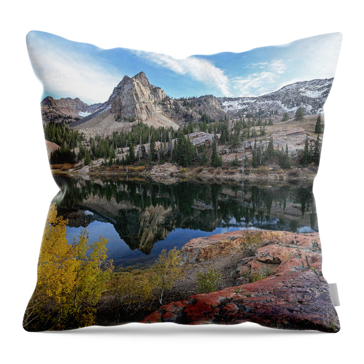 Utah; Landscape; Aspen; Autumn; Fall; Foliage; Granite; Yellow; Golden; Orange; Glow; Blue; Leaves; Wasatch Mountains; Little Cottonwood Canyon; Throw Pillow featuring the photograph Lake Blanche and the Sundial - Big Cottonwood Canyon, Utah - October '06 by Brett Pelletier