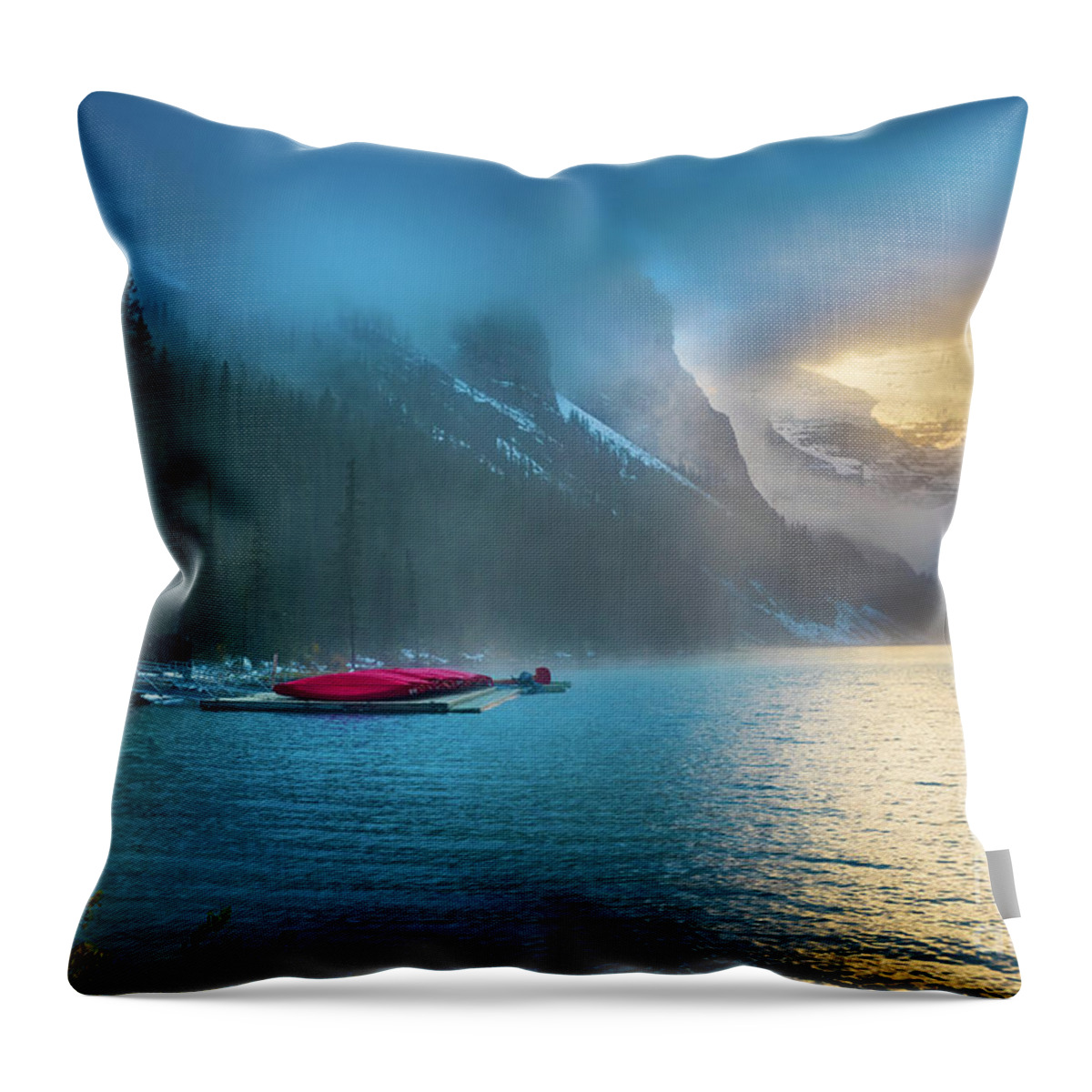 Alberta Throw Pillow featuring the photograph Lake Louise Canoes in the Morning by Inge Johnsson