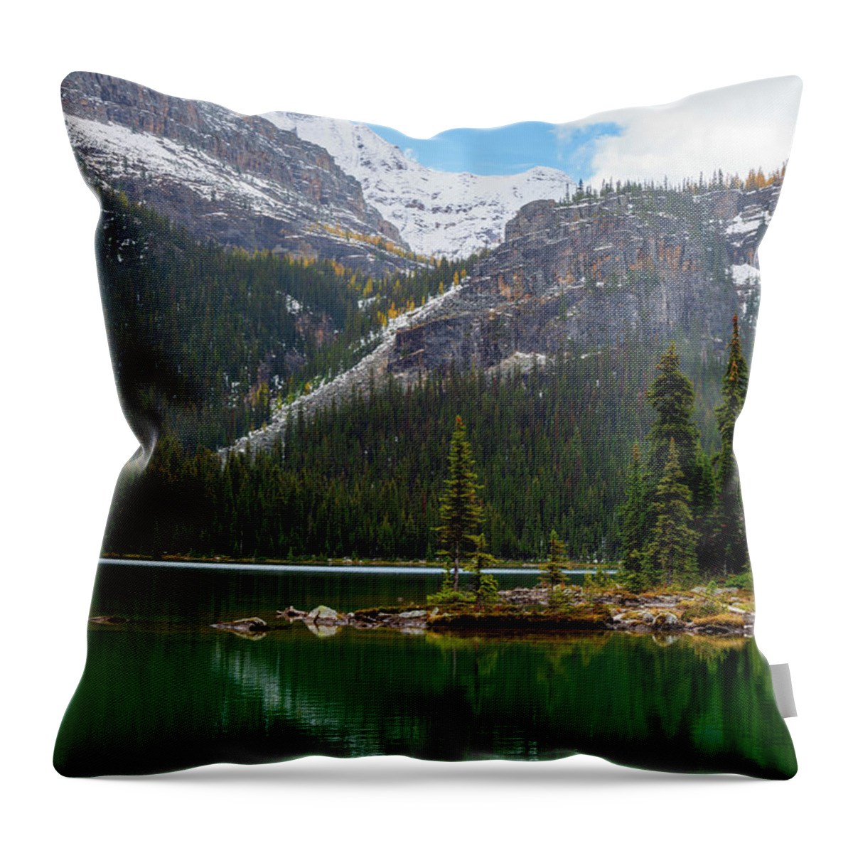 Outdoor; Lake; Mountains; Trees; Reflection; Rocky Mountains; Yoho National Park; Lake O'hara; Mount Temple; British Columbia; Canada Throw Pillow featuring the digital art Lake O'Hara and Mount Temple by Michael Lee