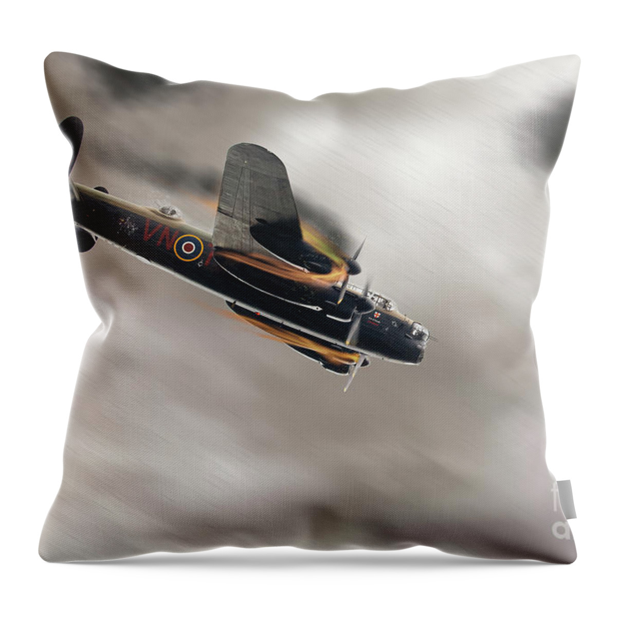 Lancaster Bomber Throw Pillow featuring the photograph Lancaster bomber on fire crashing by Simon Bratt