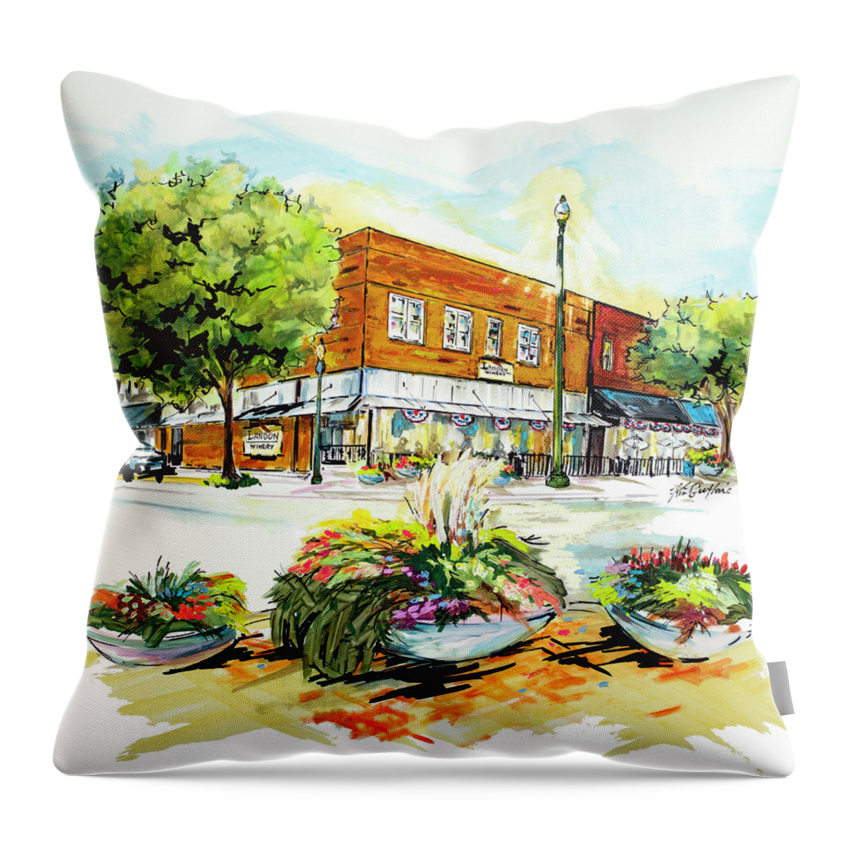 Lamppost Throw Pillow featuring the painting Landon Winery McKinney Texas by Kim Guthrie