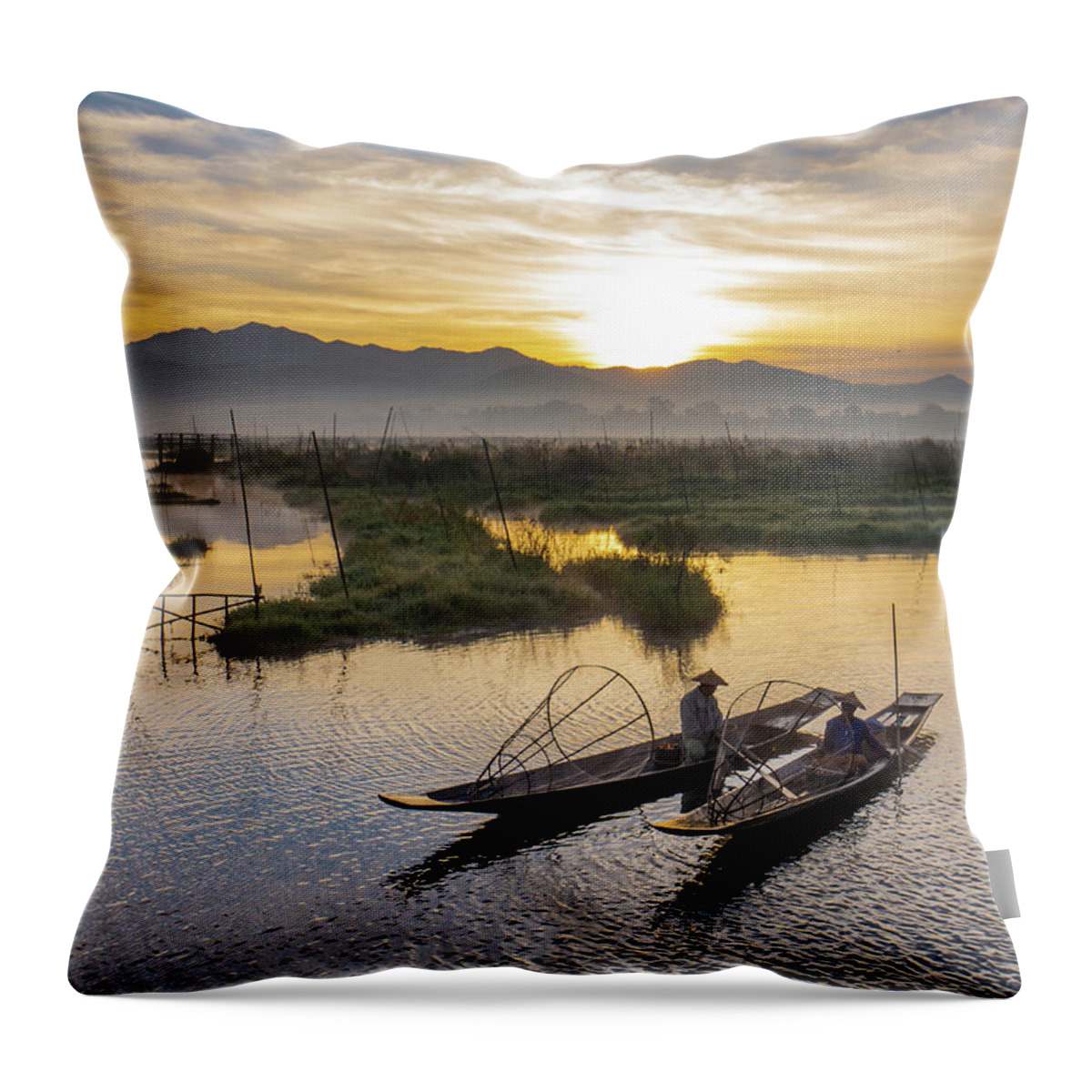 Fisherman Throw Pillow featuring the photograph landscape of sunrise on Lake Inle, Myanmar by Ann Moore