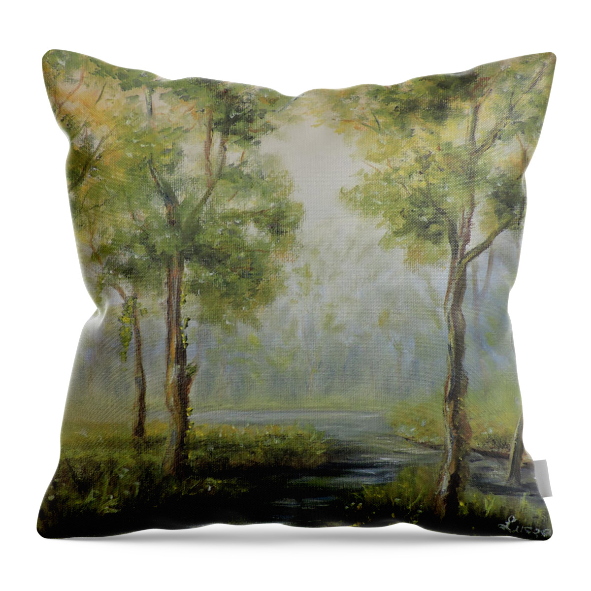 Mountain Meadow Alpine Throw Pillow featuring the painting Landscape of the Great Swamp of New Jersey with pond by Katalin Luczay