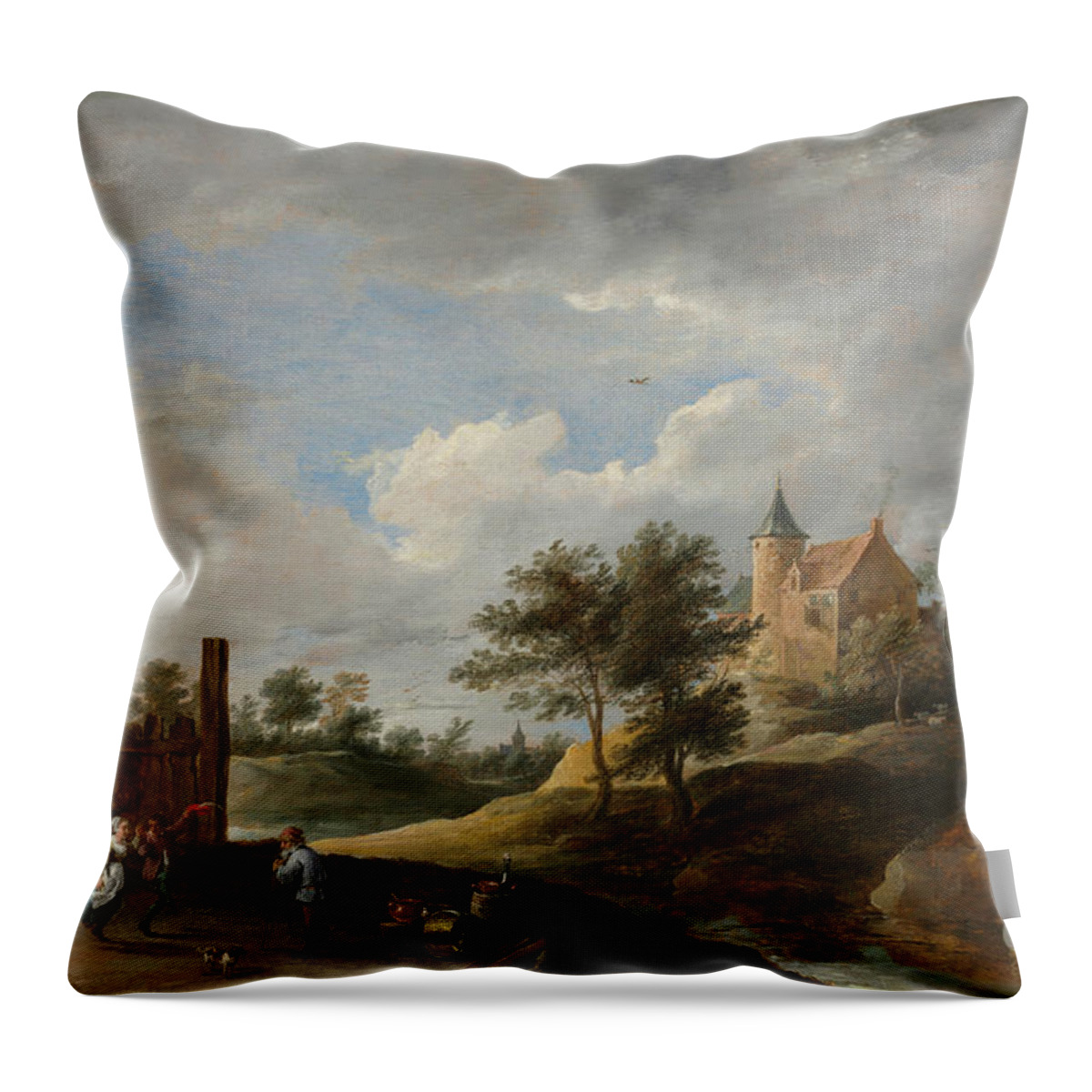 17th Century Throw Pillow featuring the painting Landscape With Peasants Dancing, C.1645-50 by David The Younger Teniers
