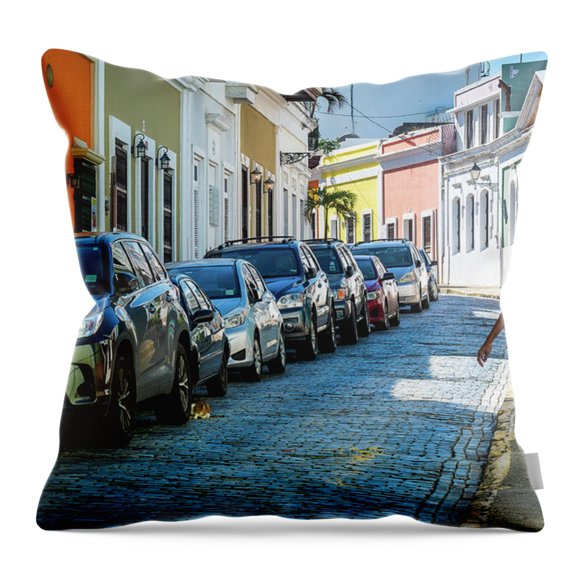 Caribbean Throw Pillow featuring the photograph Latina In Old San Juan by Sandra Foyt