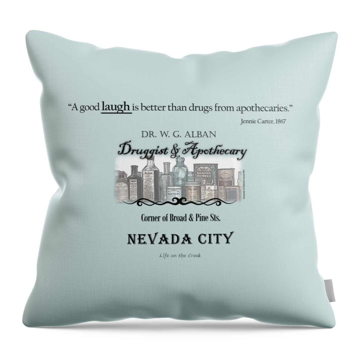 Jennie Carter Throw Pillow featuring the digital art Laughter is the Best Medicine - Apothecary by Lisa Redfern