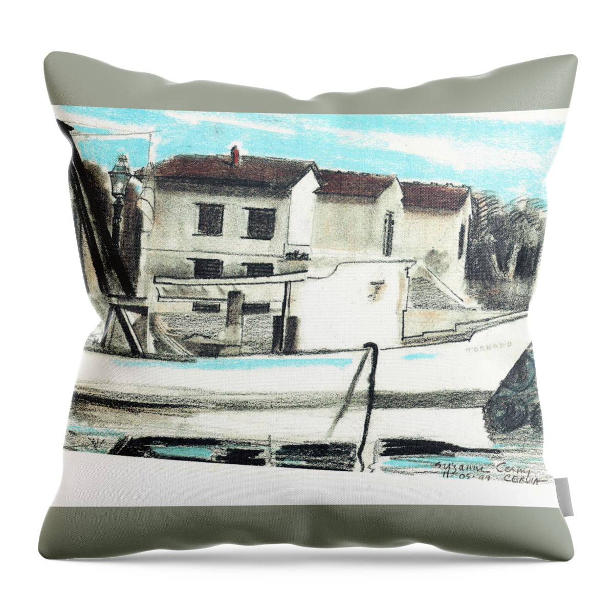 Houses On The Canal Throw Pillow featuring the painting Le Barche galleggianti nel mare Adriatico by Suzanne Giuriati Cerny