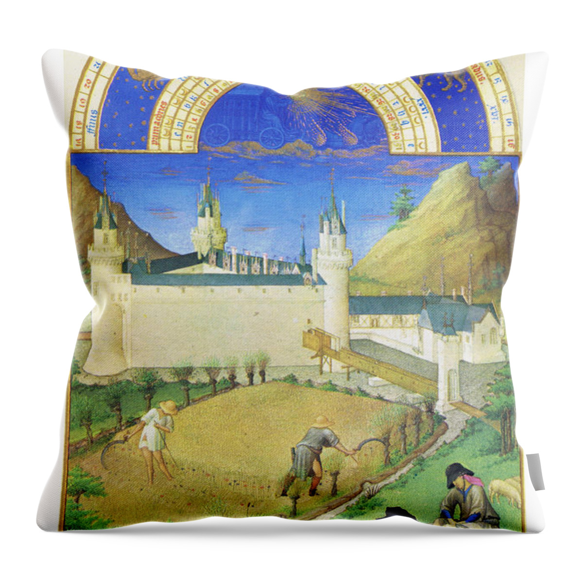 Middle Ages Throw Pillow featuring the painting Le Tres riches heures du Duc de Berry - July by Limbourg brothers