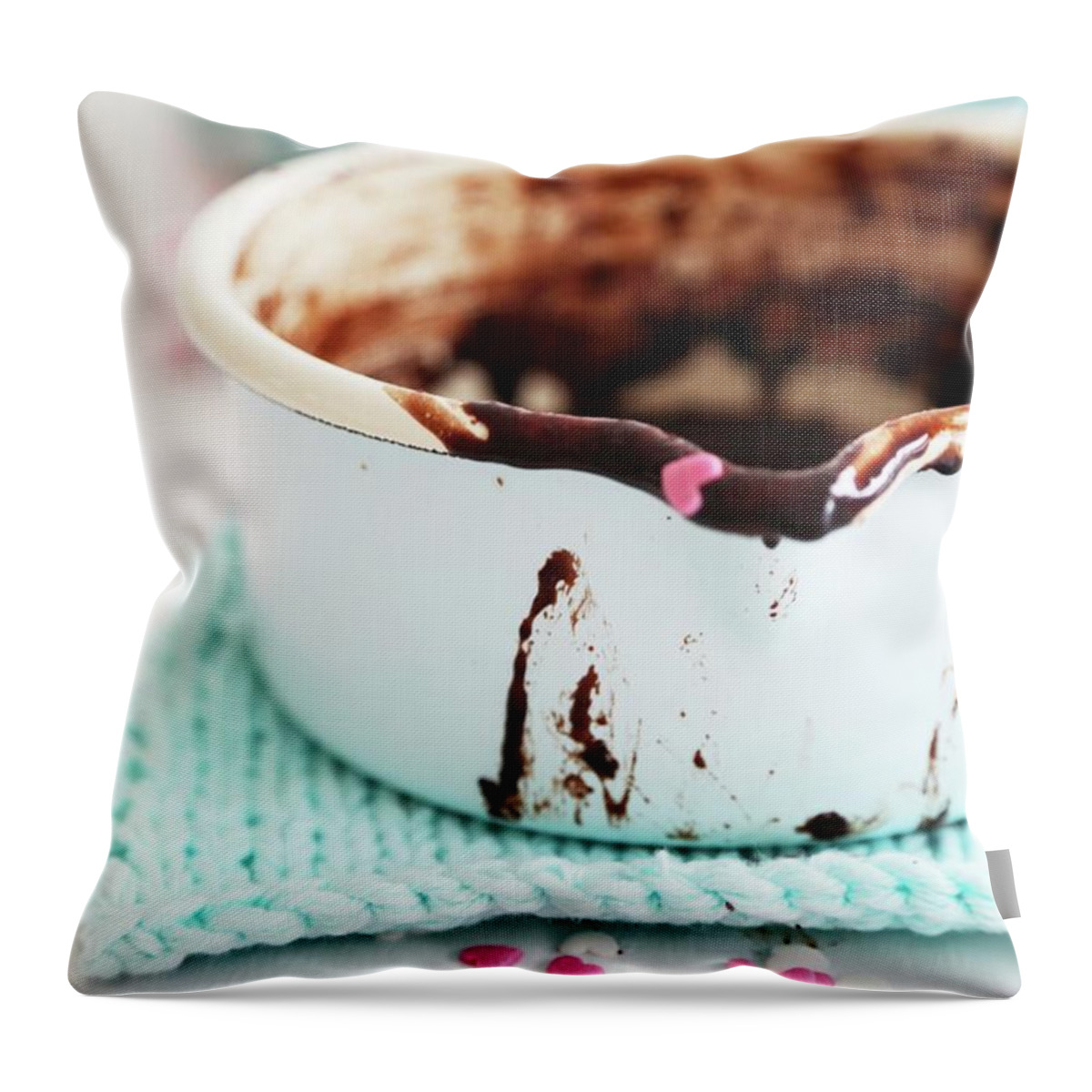 Ip_11253235 Throw Pillow featuring the photograph Leftover Chocolate Sauce In An Enamel Pot by Syl Loves