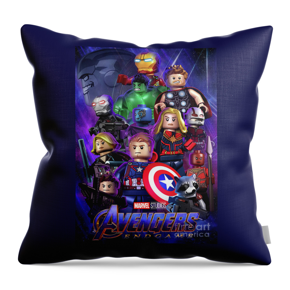 The Avengers Throw Pillow featuring the digital art Lego Avengers Endgame poster by Mike Napolitan