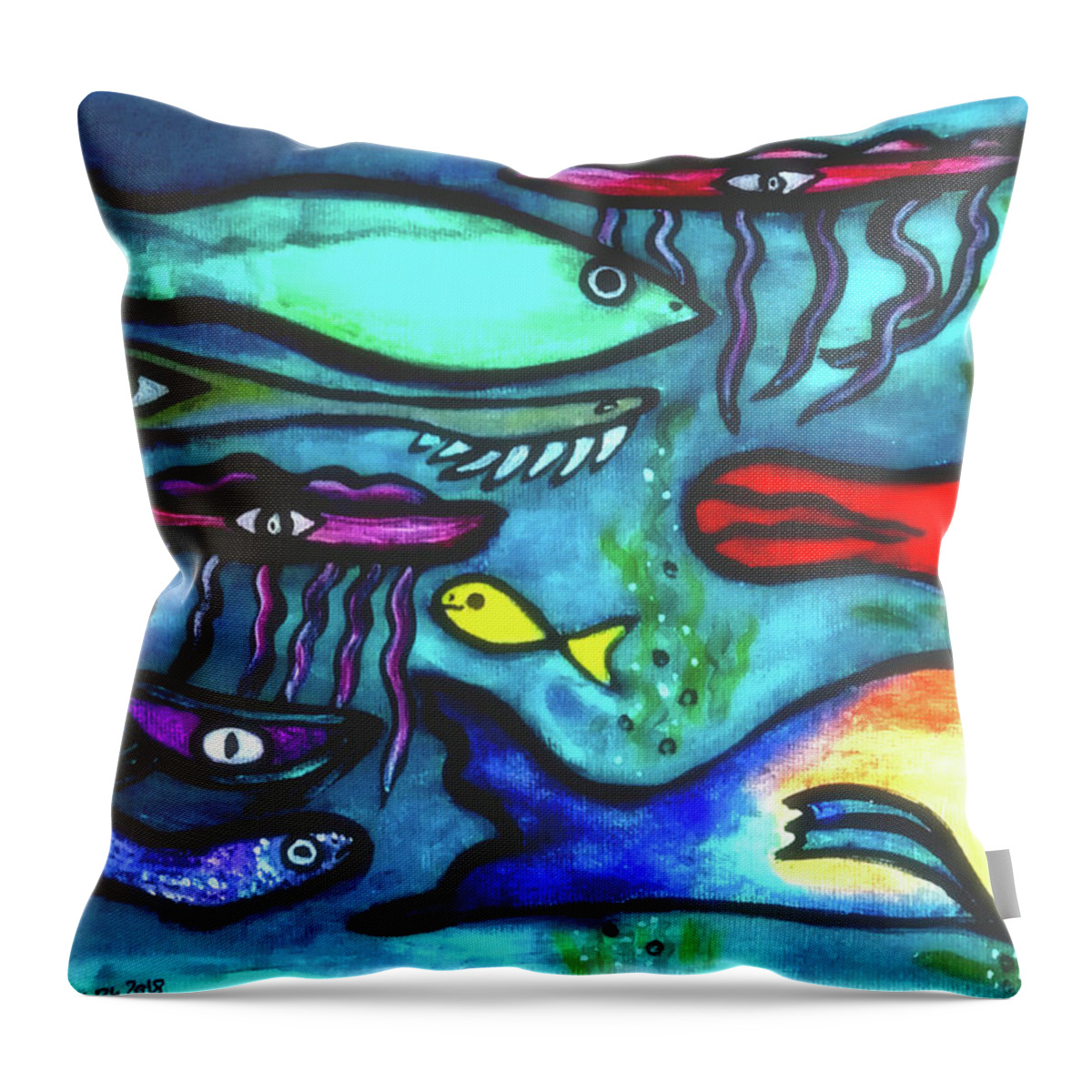 Fish Throw Pillow featuring the painting Leo Swims Against the Stream Go Leo Go by Mimulux Patricia No