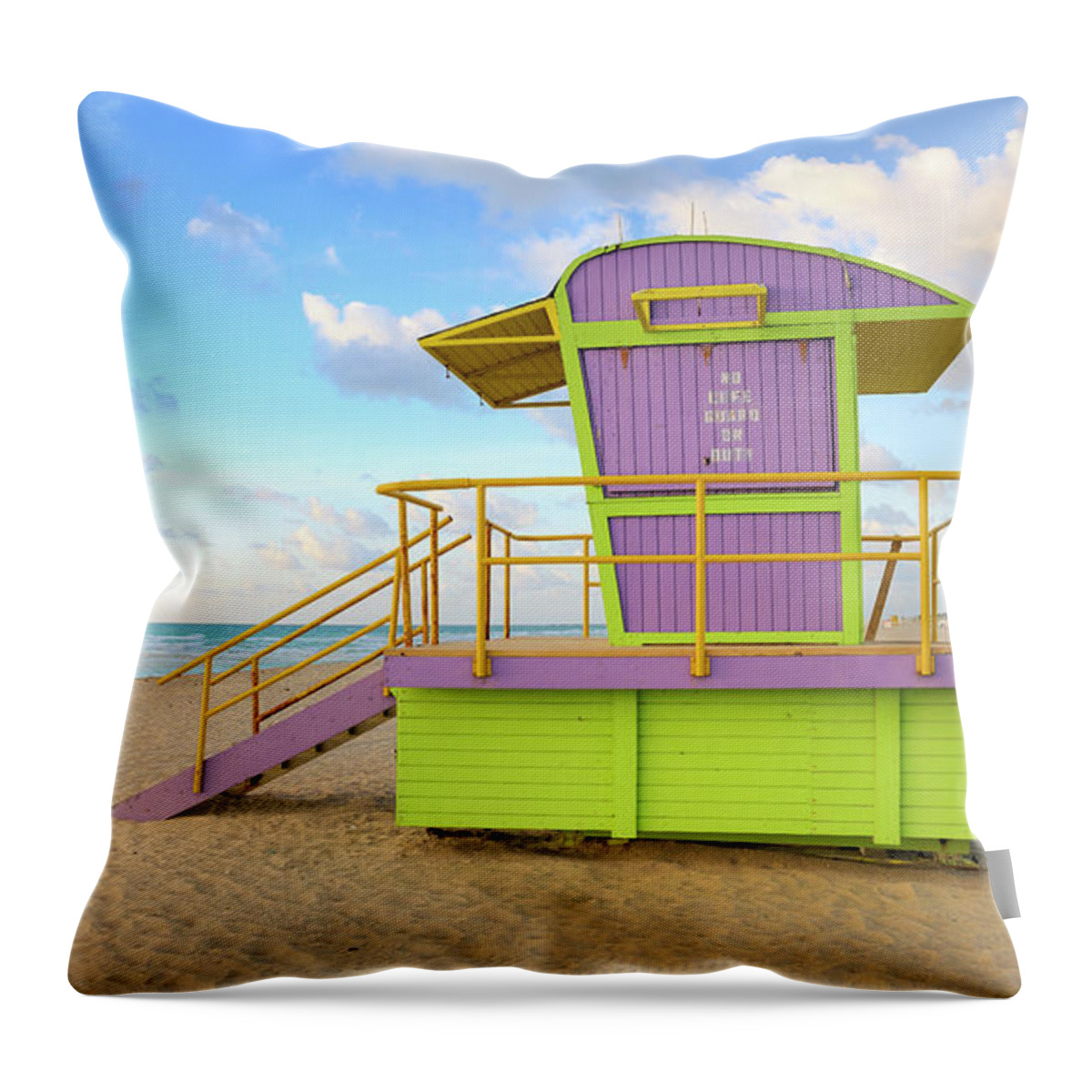 Dawn Throw Pillow featuring the photograph Lifeguard Hut On Miami Beach At Sunrise by Pidjoe