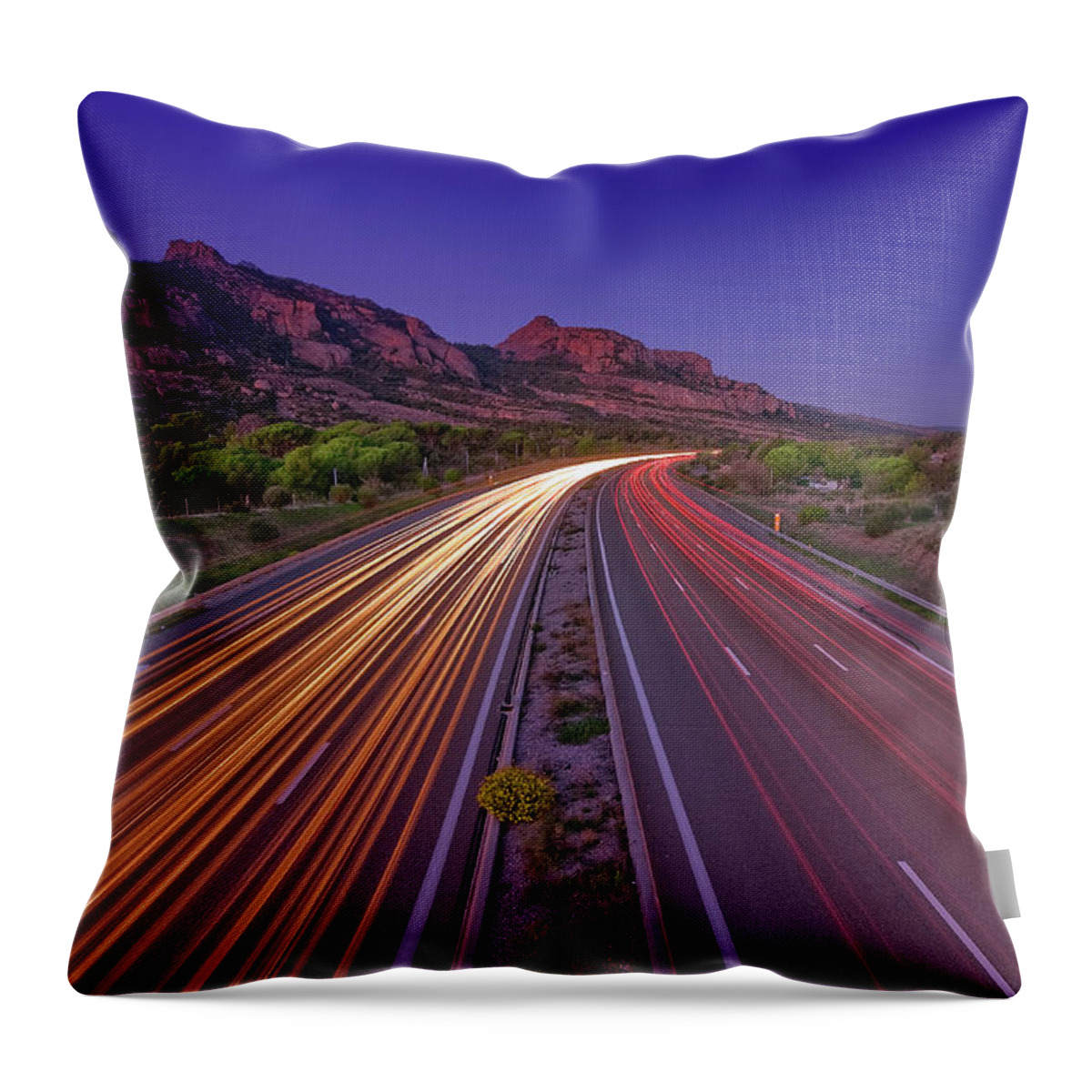 Two Lane Highway Throw Pillow featuring the photograph Light Painting by Eric Rousset