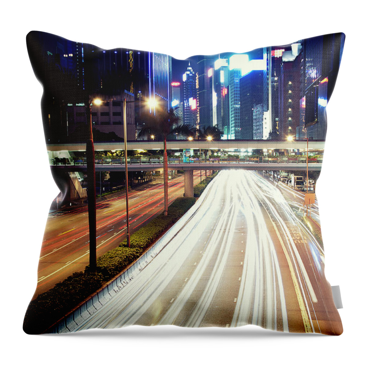 Built Structure Throw Pillow featuring the photograph Light Trails At Traffic On Street At by Thank You For Choosing My Work.