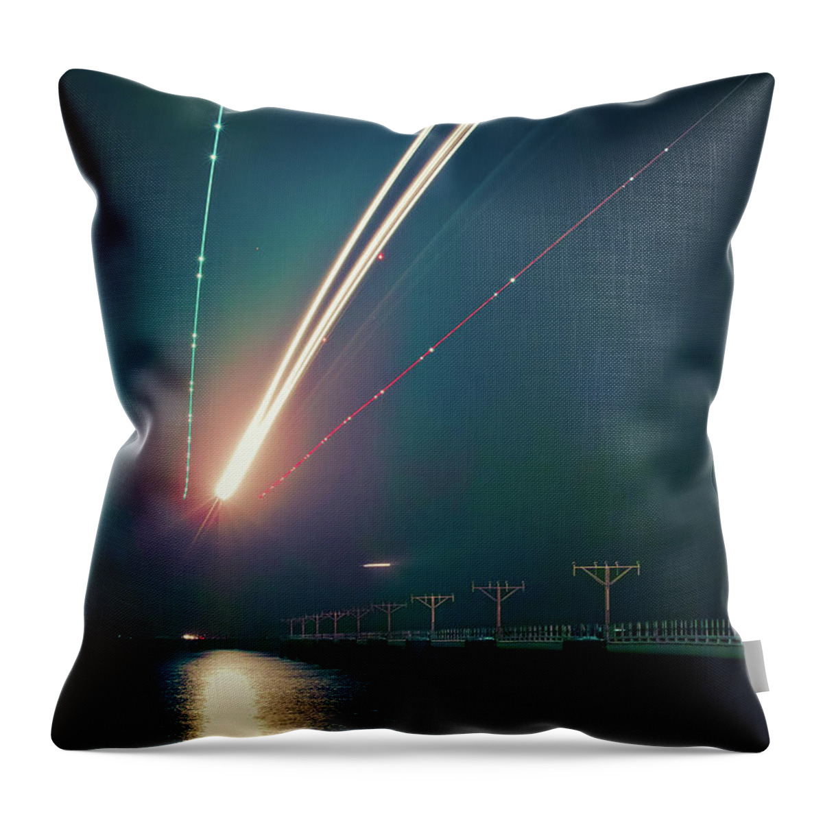 Outdoors Throw Pillow featuring the photograph Light Trails Of Landing Aircraft At by D3sign