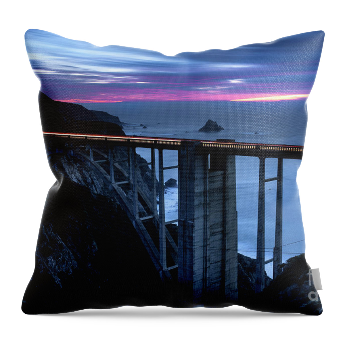 California Throw Pillow featuring the photograph Light Trails Over Bixby Bridge In by Evgeny Tchebotarev