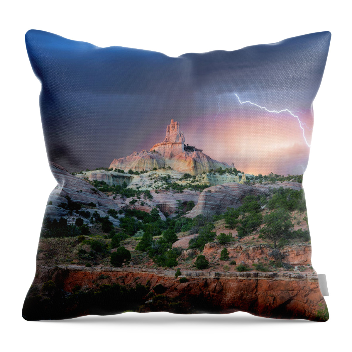 00563967 Throw Pillow featuring the photograph Lightning At Church Rock, Red Rock State Park, New Mexico by Tim Fitzharris