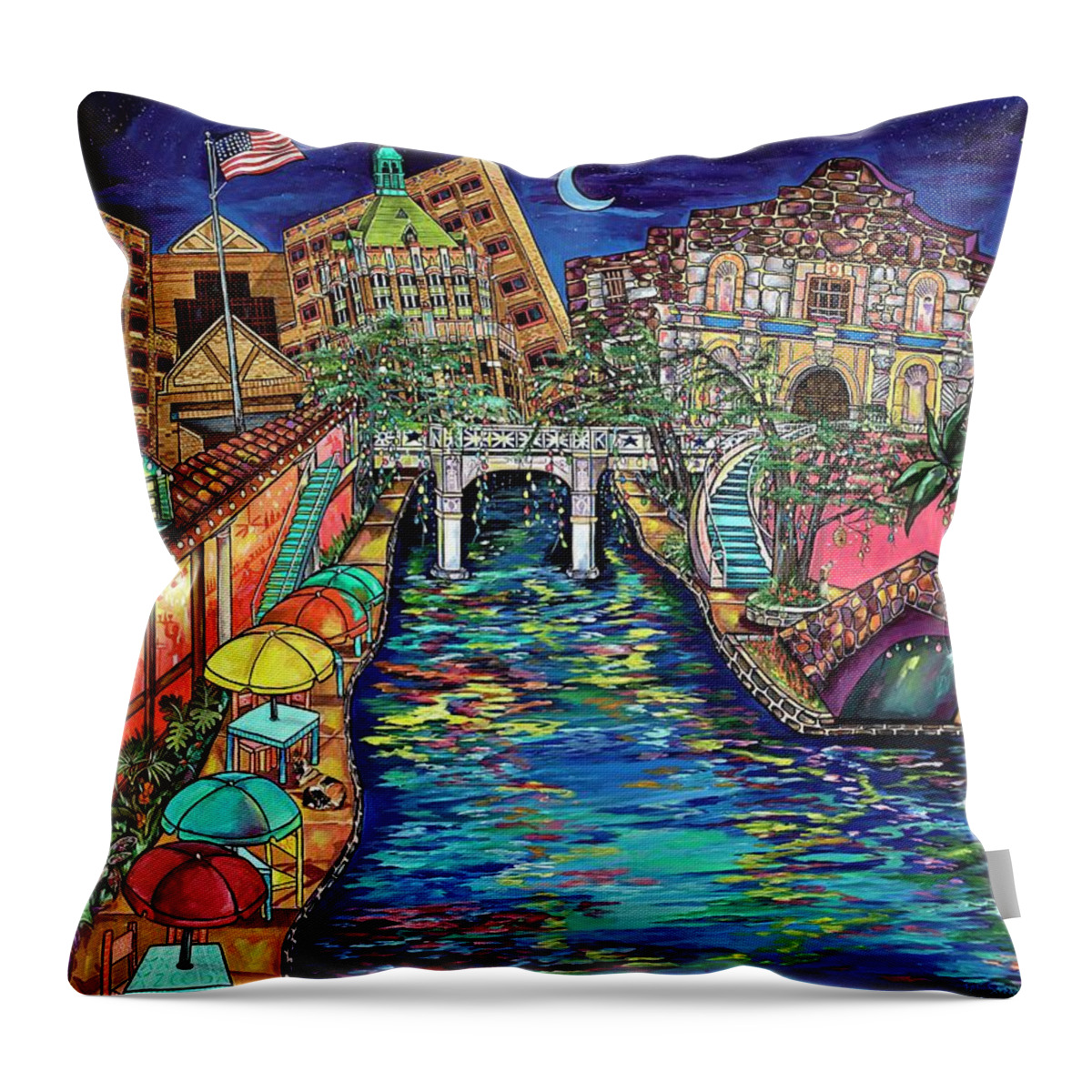 San Antonio Throw Pillow featuring the painting Lights on the Banks of the River by Patti Schermerhorn