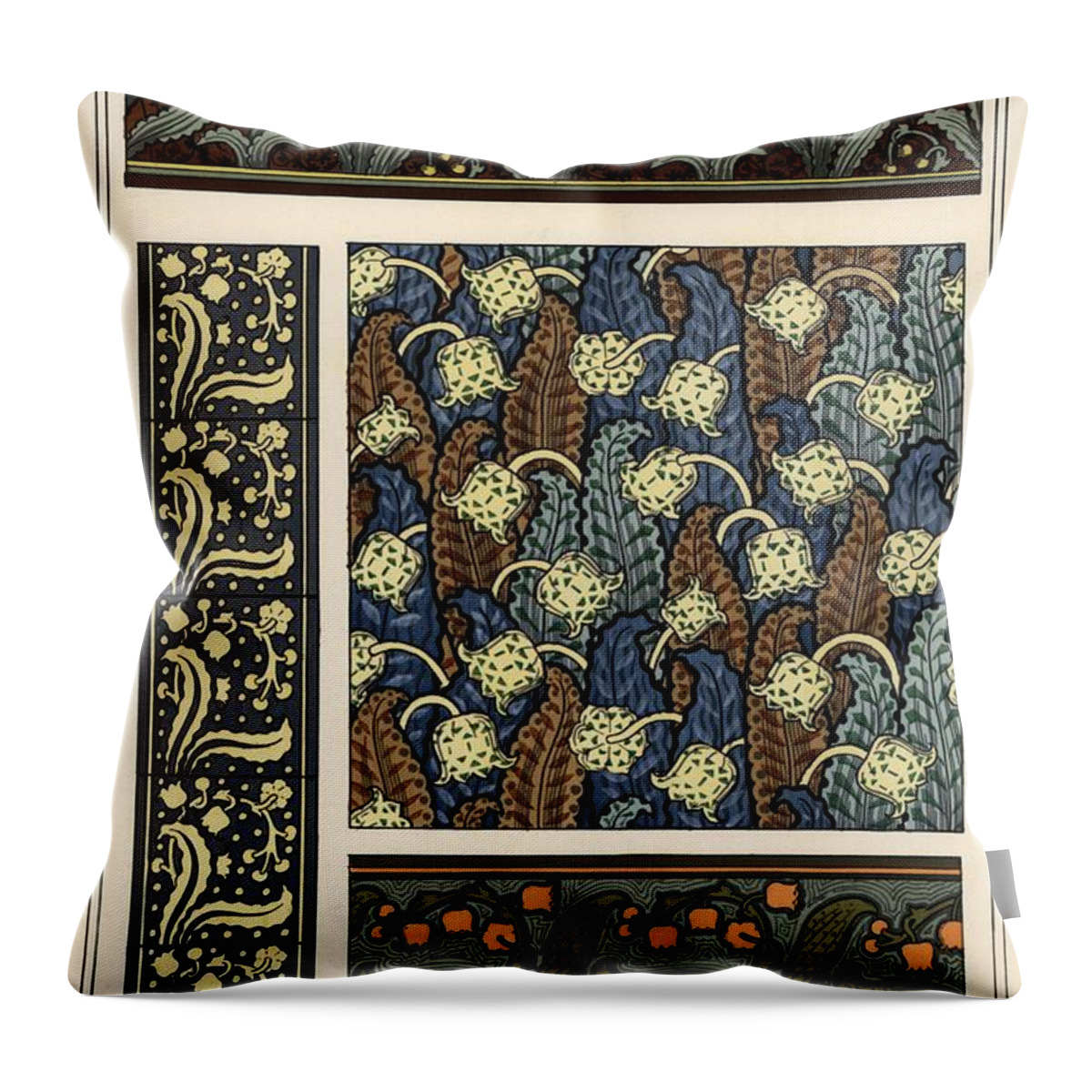 1897 Throw Pillow featuring the drawing Lily in patterns for borders, ceramic tiles and stained glass. Lithograph by A. Poidevin. by Album
