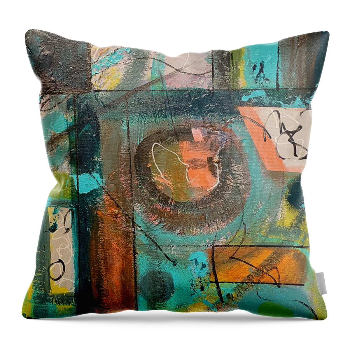 Abstract Throw Pillow featuring the mixed media Friendly Geometry by Laura Jaffe