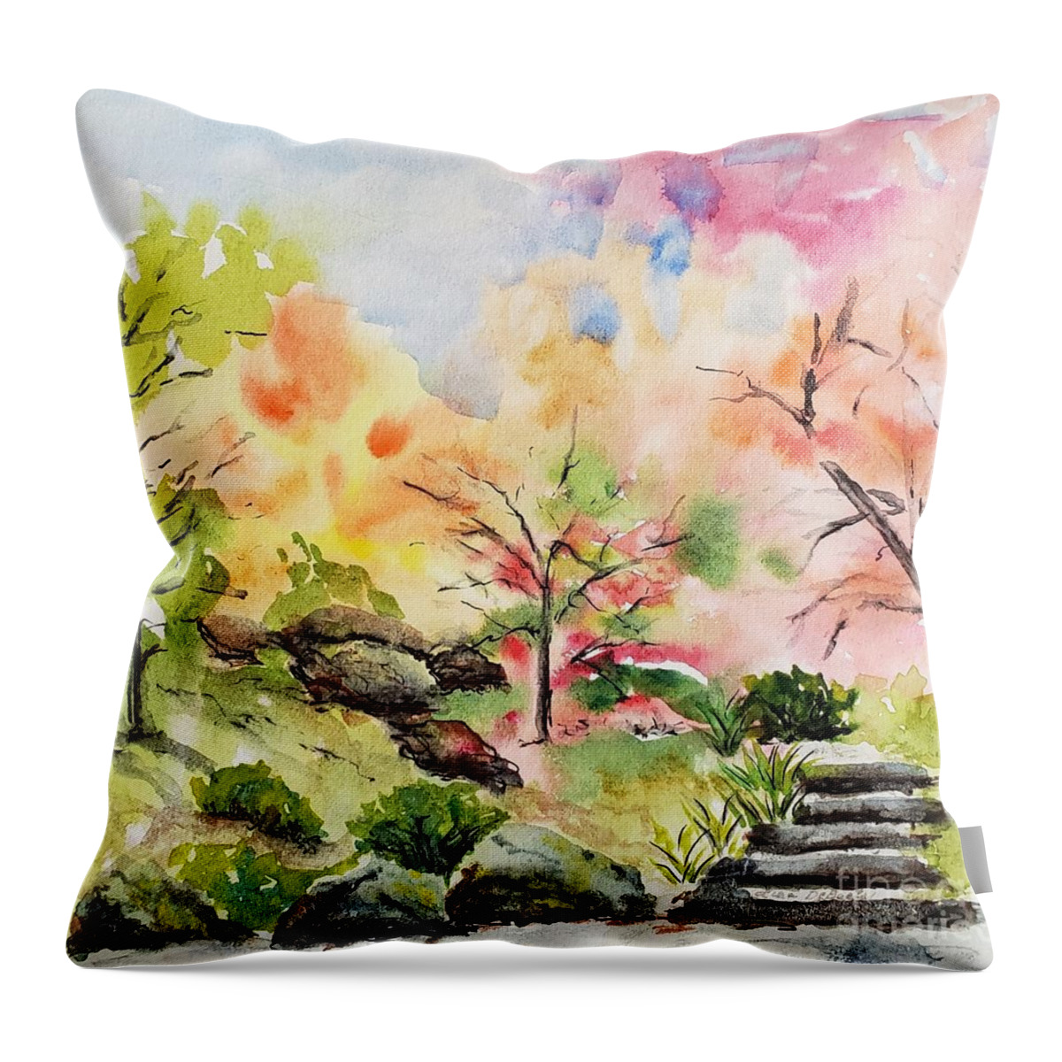 Japanese Garden Throw Pillow featuring the painting Lisa's sketch by Lisa Debaets