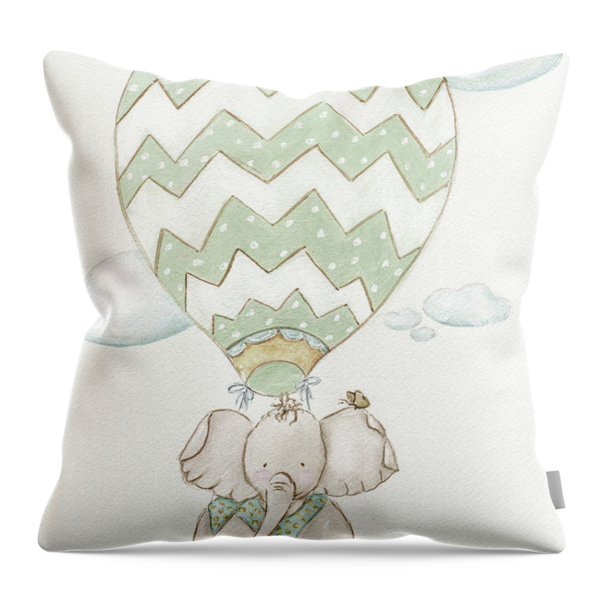 Baby Giraffe Throw Pillow featuring the painting Little Traveler Baby Elephant In Hot Air Balloon - Gender Neutral Nursery by Debbie Cerone