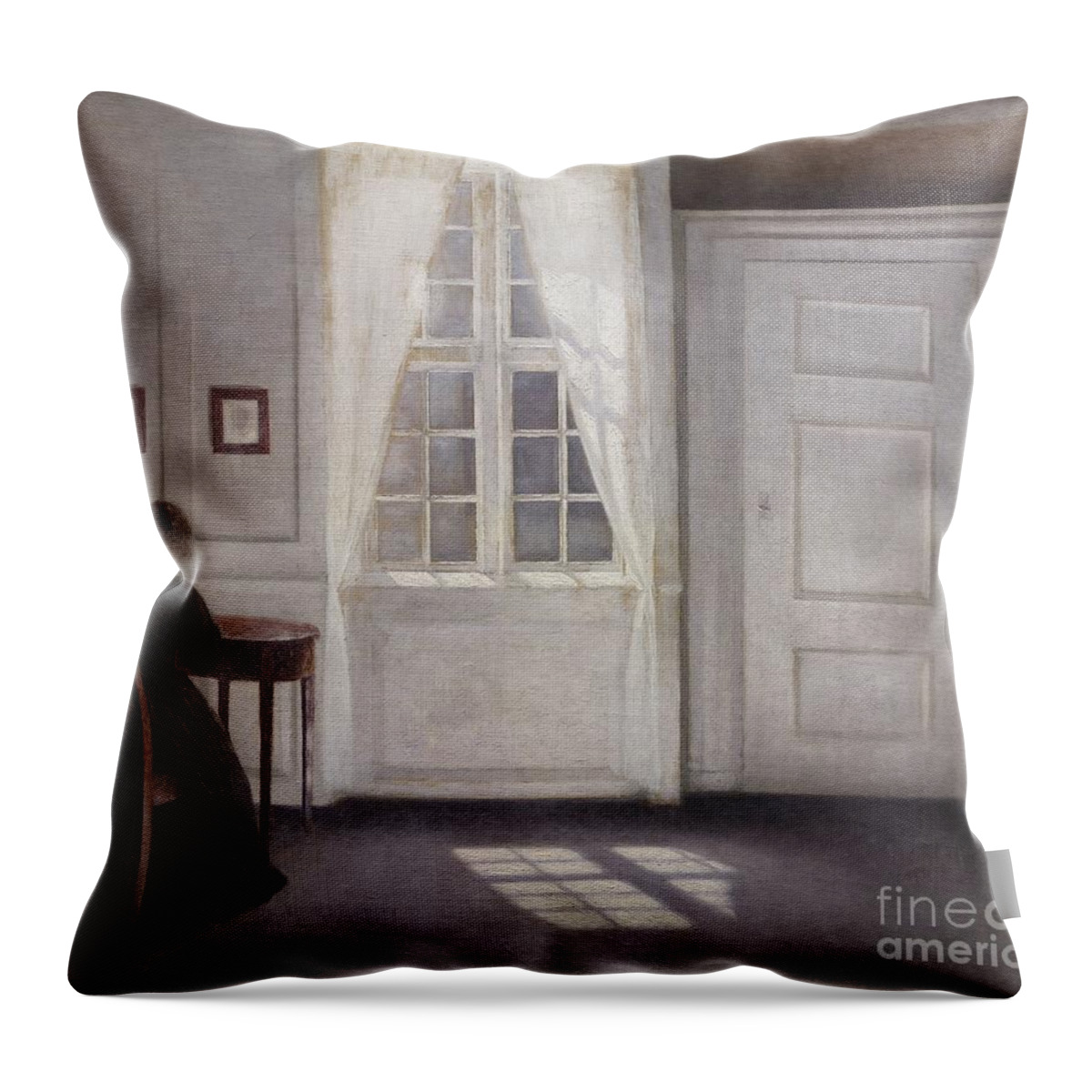 Copenhagen Throw Pillow featuring the painting Living In Strand Street With Sunshine On The Floor, 1901 by Vilhelm Hammershoi