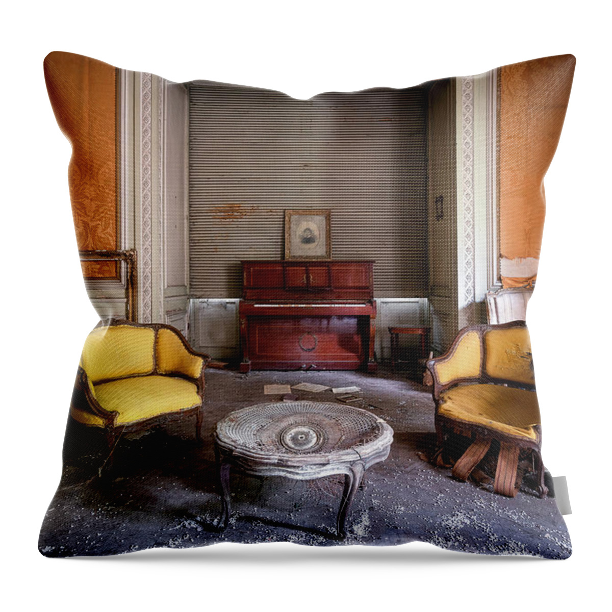 Urban Throw Pillow featuring the photograph Living Room in Decay with Piano by Roman Robroek