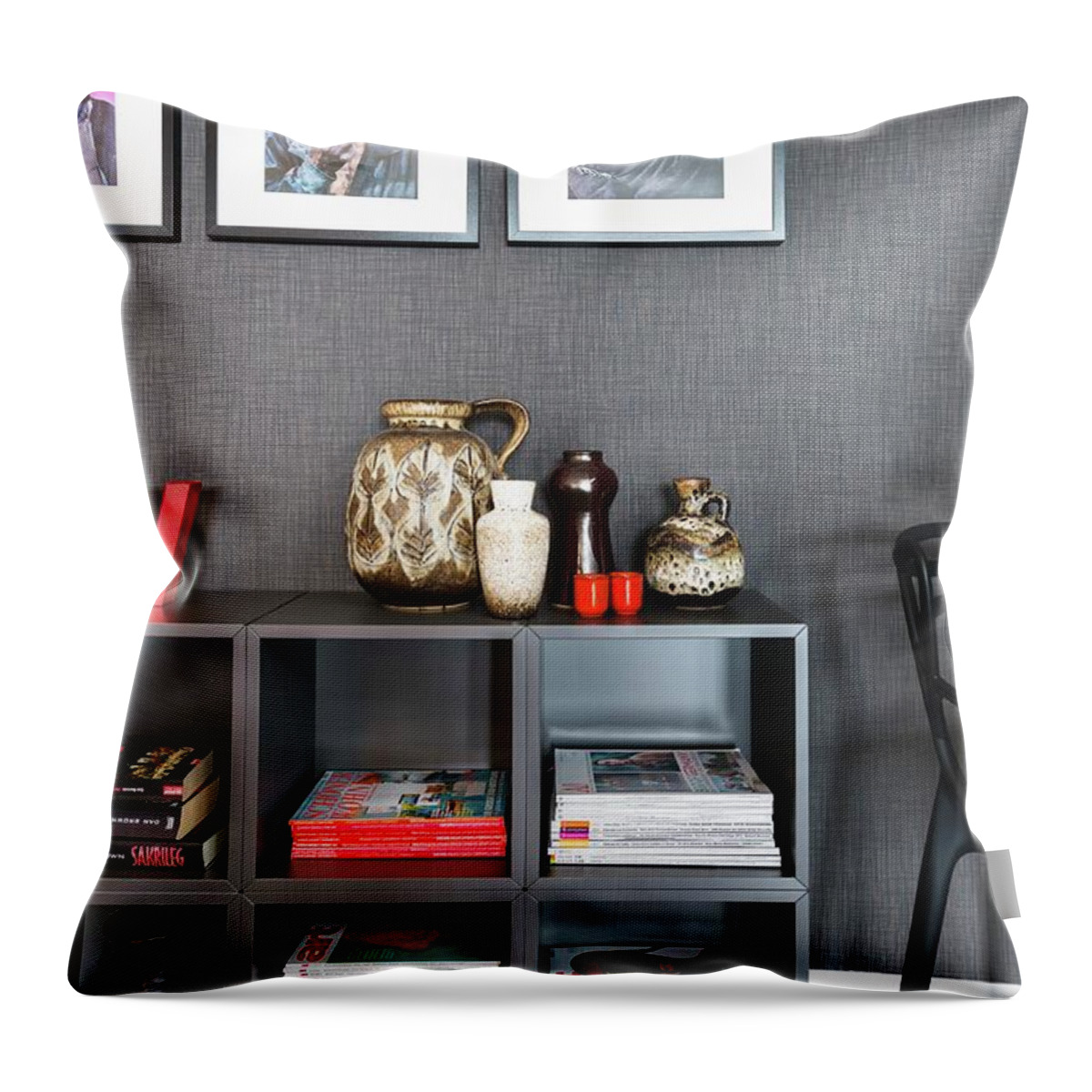 Ip_12352458 Throw Pillow featuring the photograph Living Room In Shades Of Grey With Red Accents by Ulla@patsy