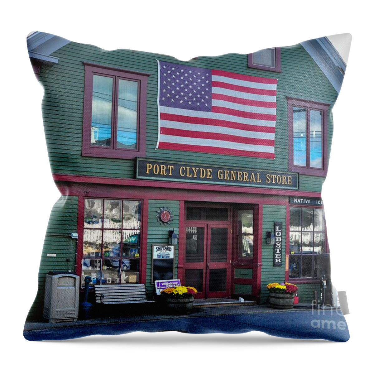 Flag Throw Pillow featuring the photograph Lobster at the Port Clyde General Store by Steve Brown