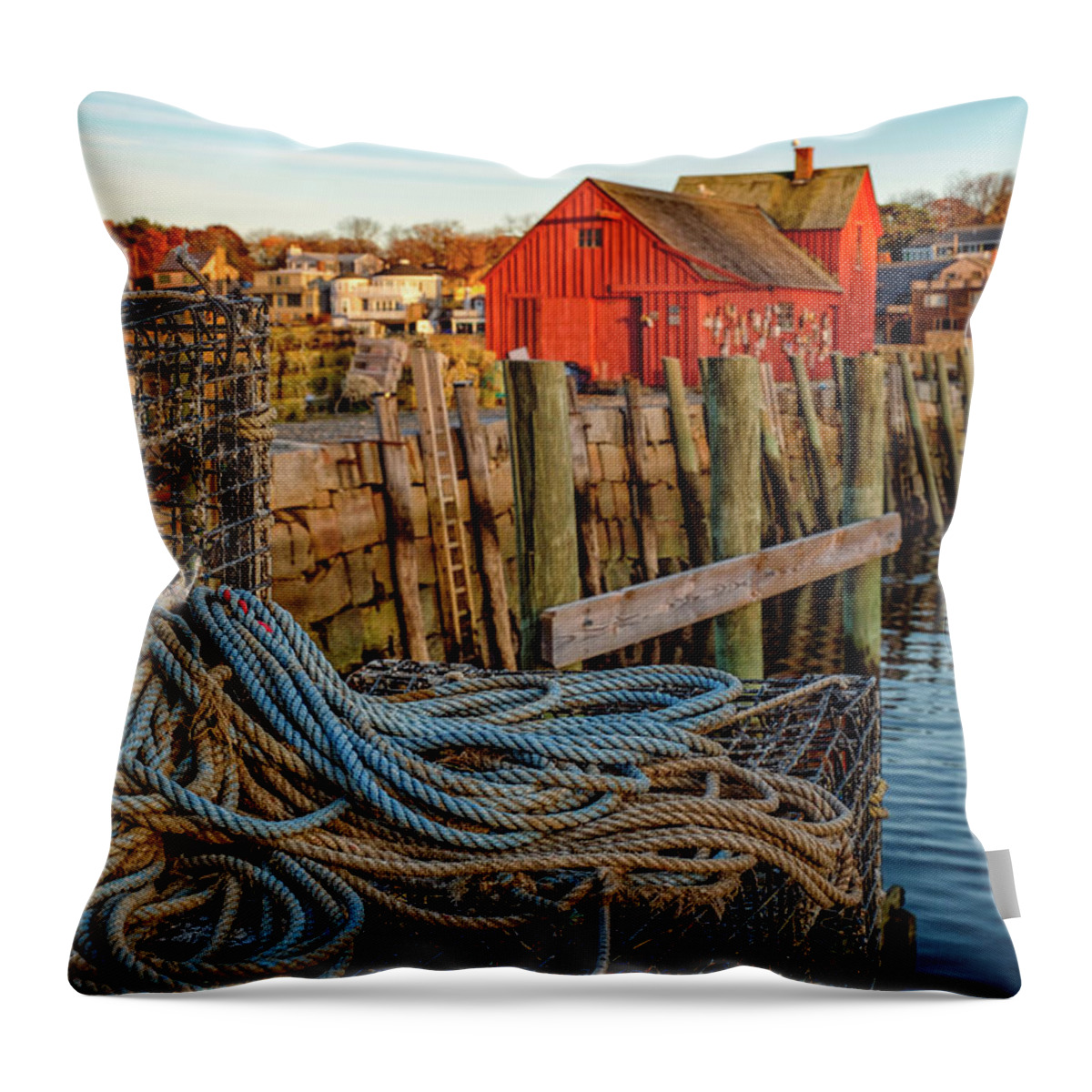 Massachusetts Throw Pillow featuring the photograph Lobster Traps and Line at Motif #1 by Jeff Sinon