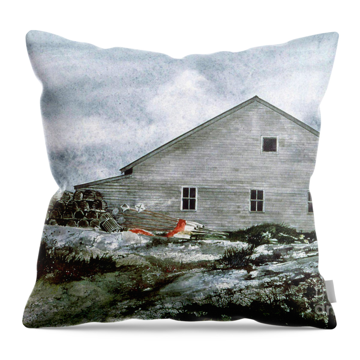 A Lobsterman's Building At Peggy's Cove Throw Pillow featuring the painting Lobsters by Monte Toon