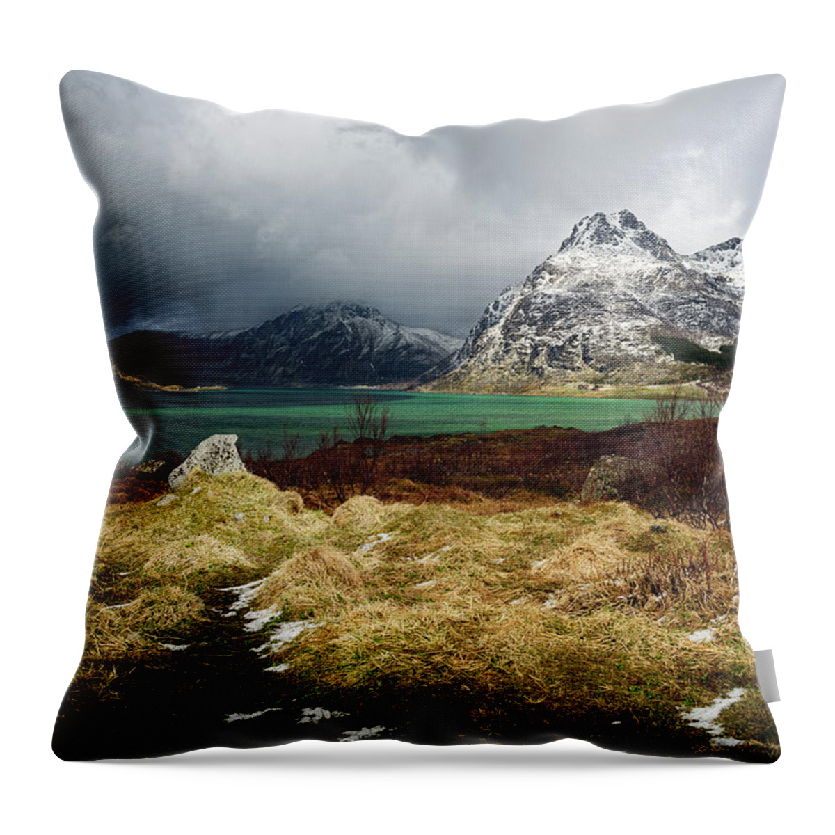 Landscape Image Throw Pillow featuring the photograph Lofoten Stormbreak and Aspiring Mountain by James Covello