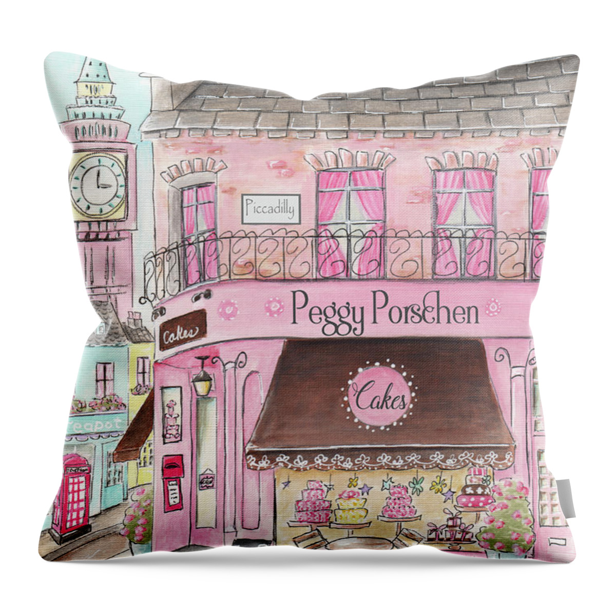 London Themed Nursery Throw Pillow featuring the painting London Girl - Cake Shop Inspired By Peggy Porschen Cakes by Debbie Cerone