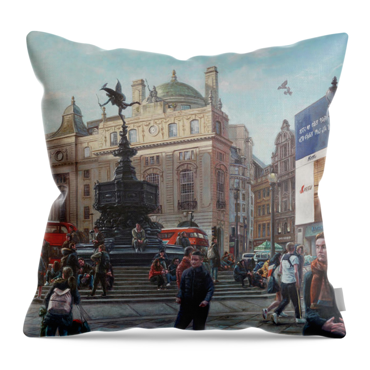 London Throw Pillow featuring the painting London Piccadilly Circus with evening light by Martin Davey