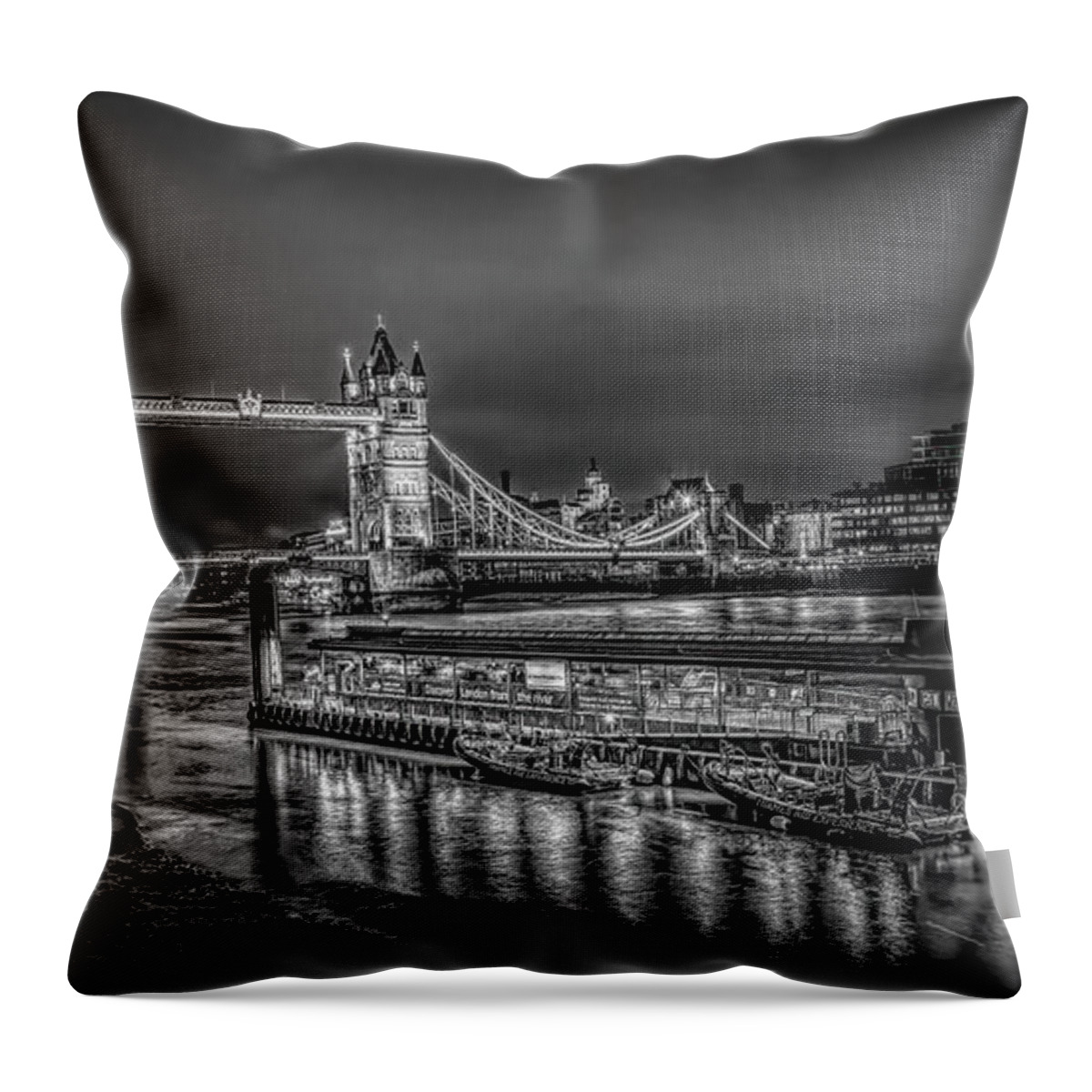 United Kingdom Throw Pillow featuring the photograph London's Tower Bridge at Night, Black and White by Marcy Wielfaert