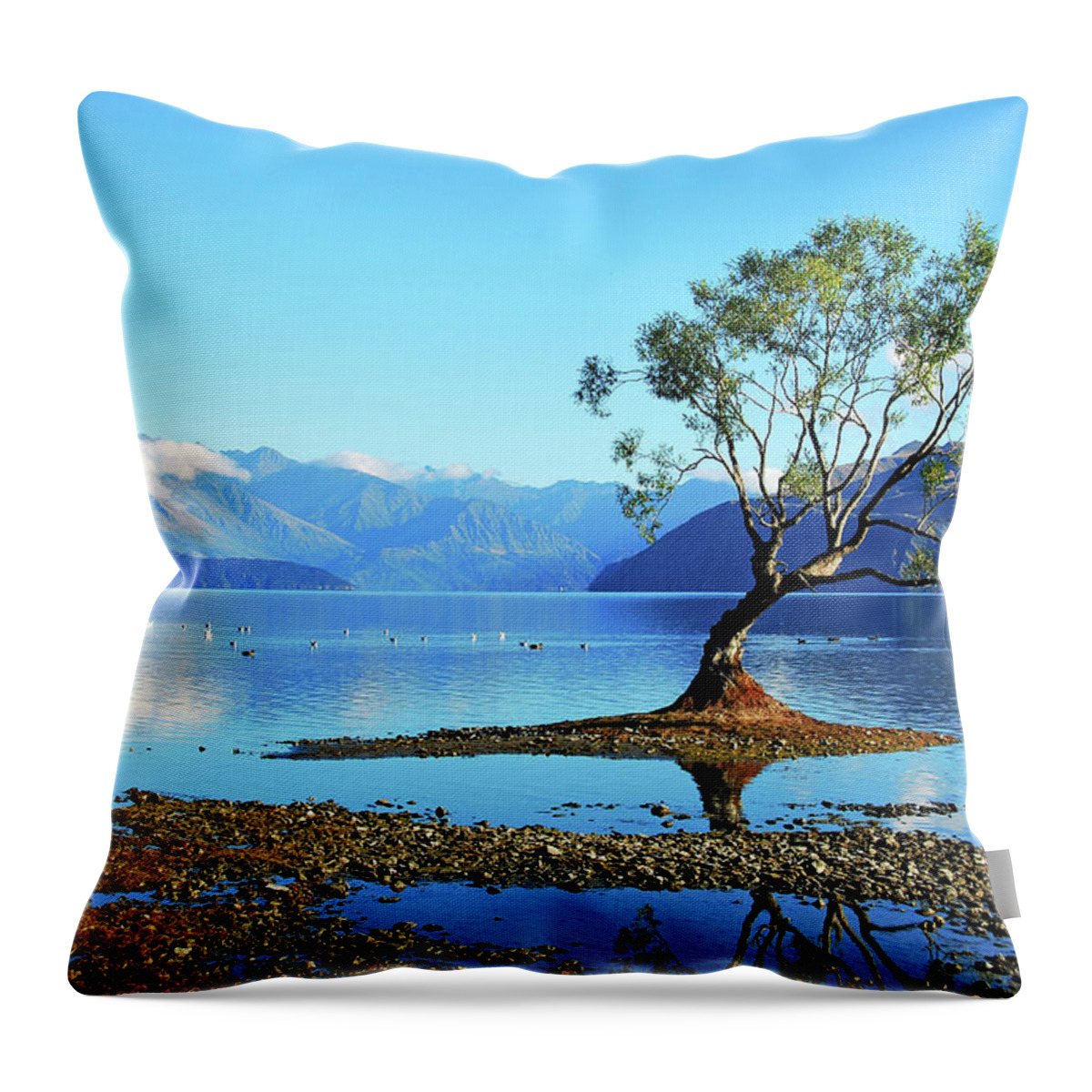 Scenics Throw Pillow featuring the photograph Lone Tree In Lake Wanaka by Olga Katrychenko New Zealand