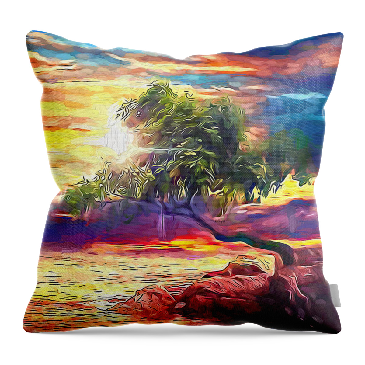 Paint Throw Pillow featuring the painting Lonely tree on sunset 2 by Nenad Vasic