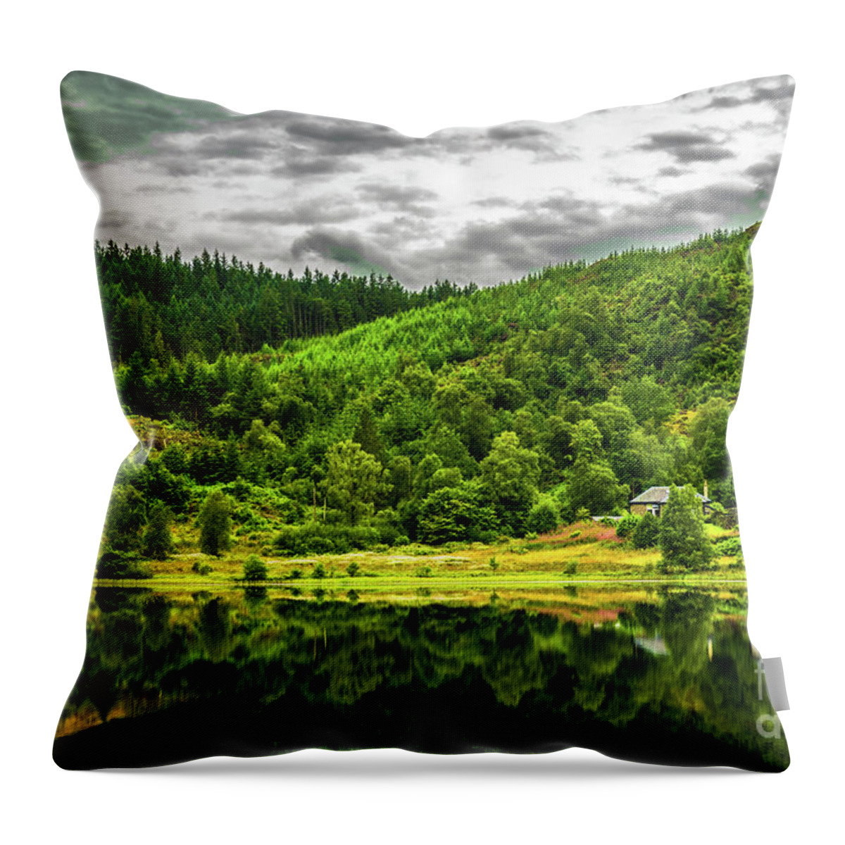 Abandoned Throw Pillow featuring the photograph Lonesome House At Calm And Smooth Lake In Scotland by Andreas Berthold
