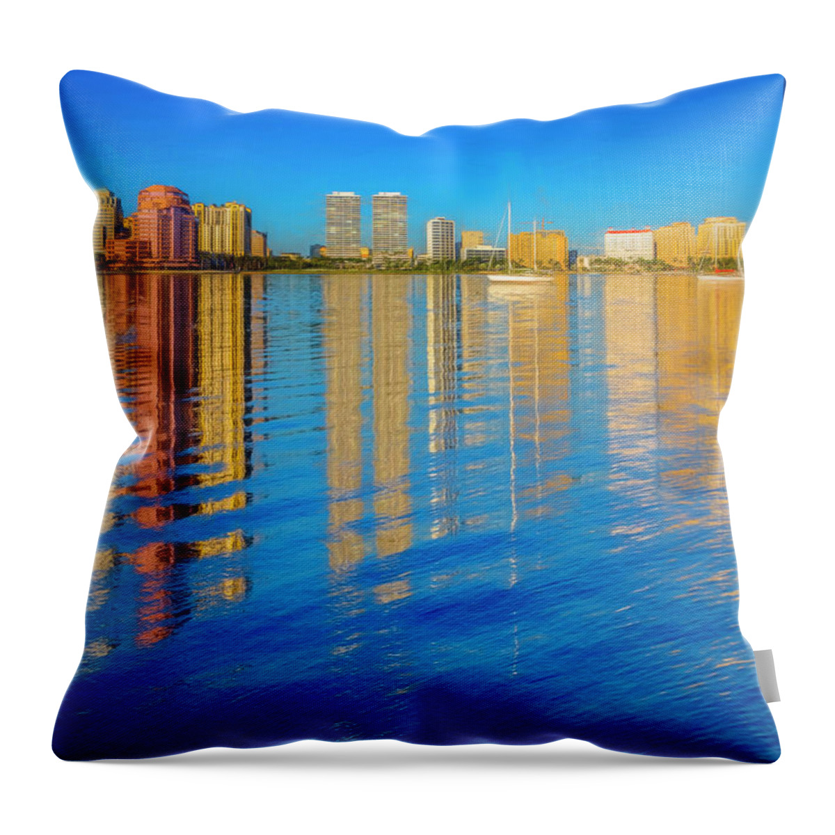 Boats Throw Pillow featuring the photograph Long Reflections of Downtown West Palm Beach in Nautical Blues P by Debra and Dave Vanderlaan