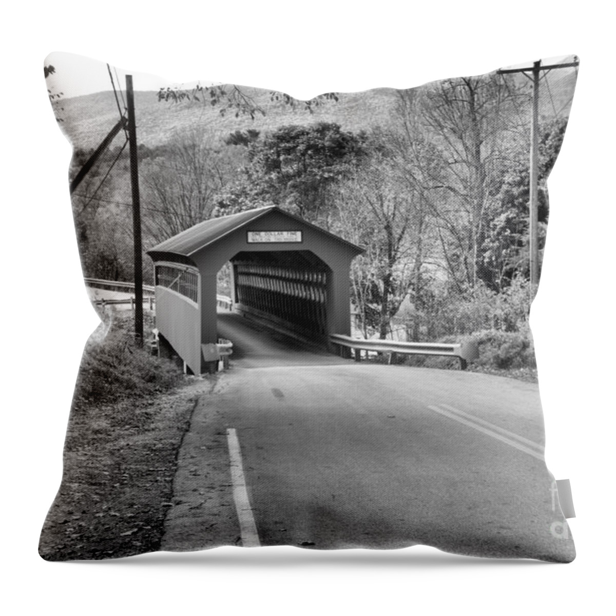 Chiselville Covered Bridge Throw Pillow featuring the photograph Looking Down On The Chiselville Covered Bridge Black And White by Adam Jewell