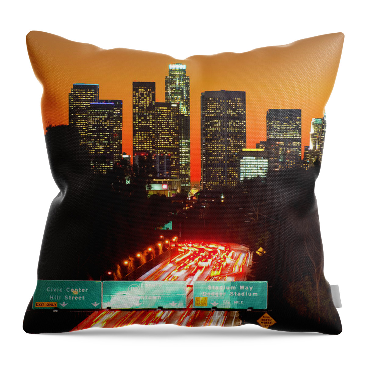 Orange Color Throw Pillow featuring the photograph Los Angeles Skyline At Sunset And by Davel5957