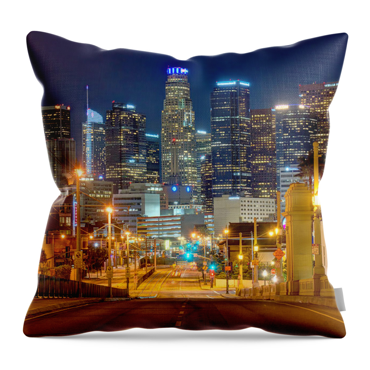 Los Angeles Skyline Throw Pillow featuring the photograph Los Angeles Skyline NIGHT from the East by Jon Holiday